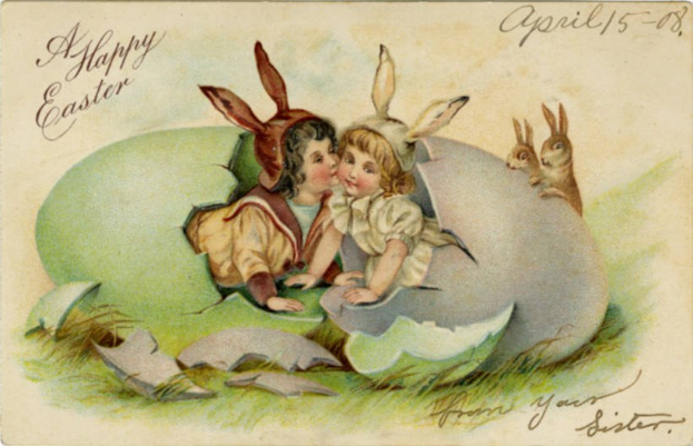 Altmodische Ostern-Postkarte mit zwei Kindern in einem Ei mit zwei Kaninchen, begleitet von einem Text, der einen fröhlichen Ostergrüß wünscht.