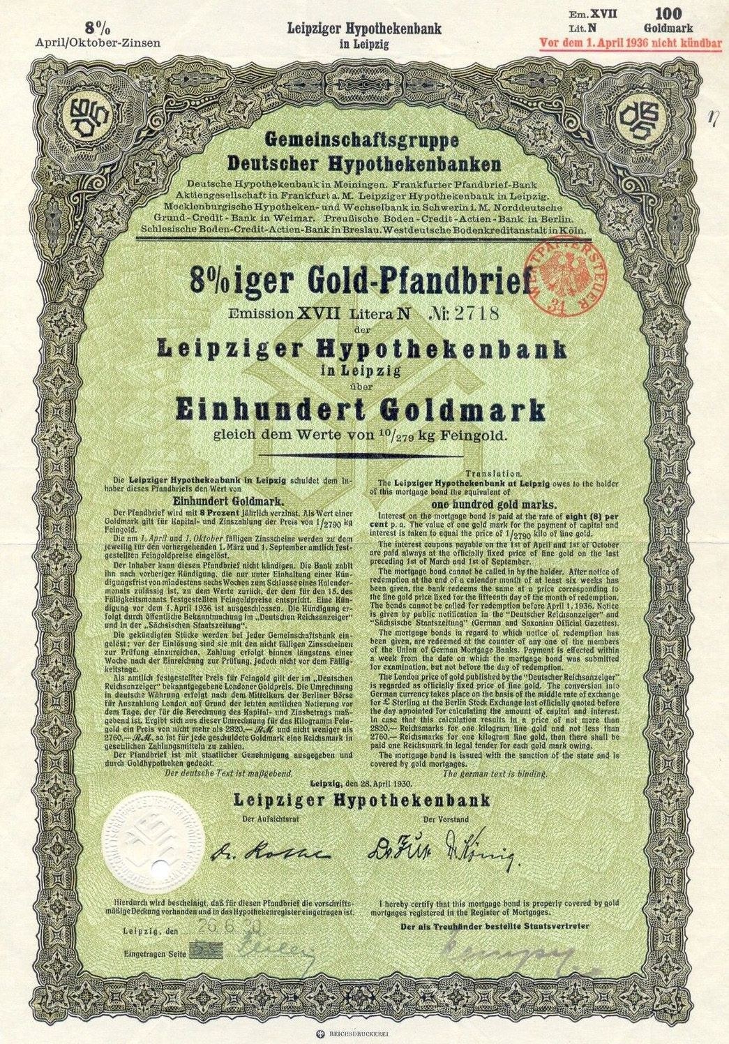 Grünes Wertpapier mit Aufdruck und Stempel von der Leipziger Hypothekbank ausgegeben.