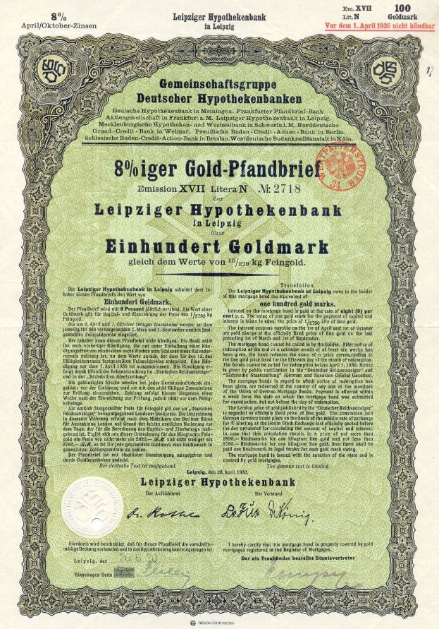 Grünes Wertpapier mit Aufdruck und Stempel von der Leipziger Hypothekbank ausgegeben.