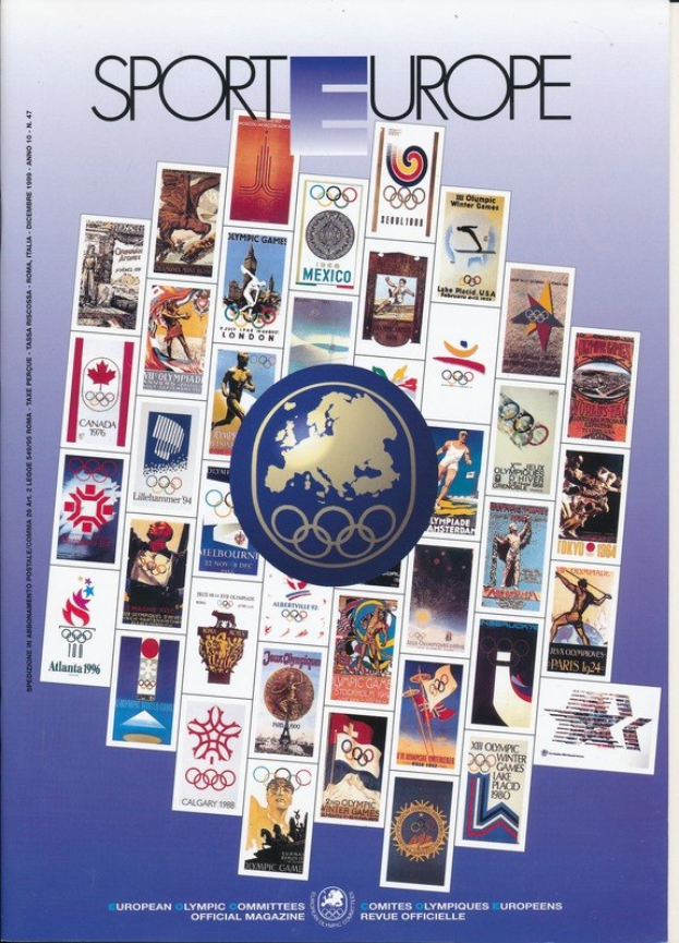 Ein Buchumschlag mit dem Titel "Sport in Europa" mit lebendigen Bildern und Texten zum Thema Olympische Spiele in Europa.
