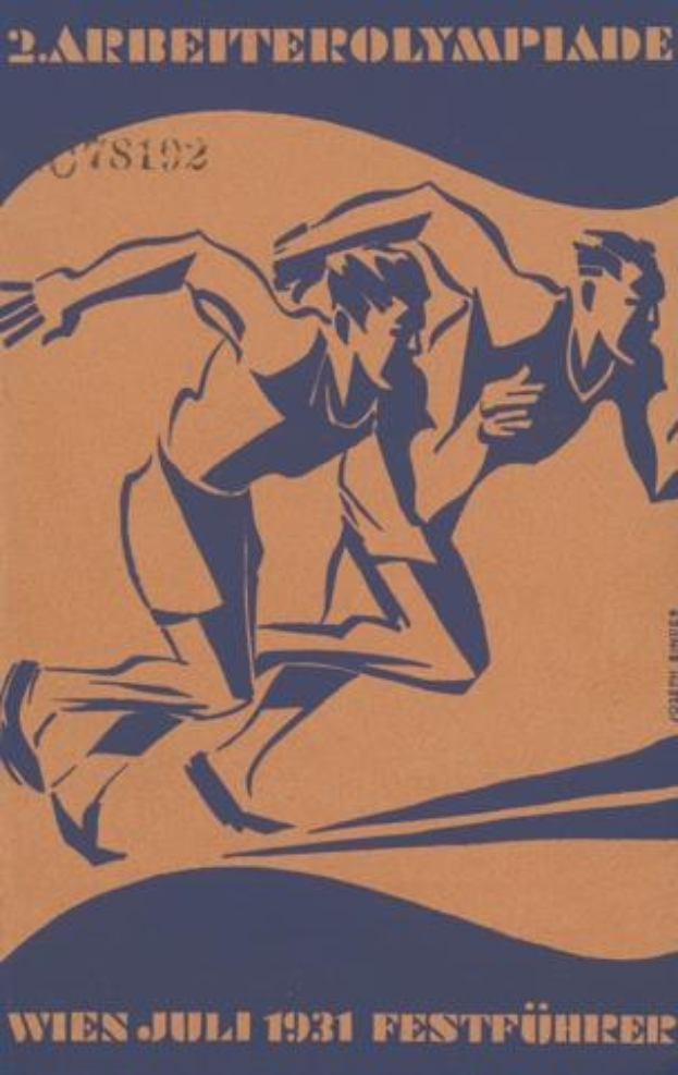 Plakat für die Olympischen Spiele 1932 in Berlin mit zwei Läufern im Vordergrund und Text mit Veranstaltungdetails.