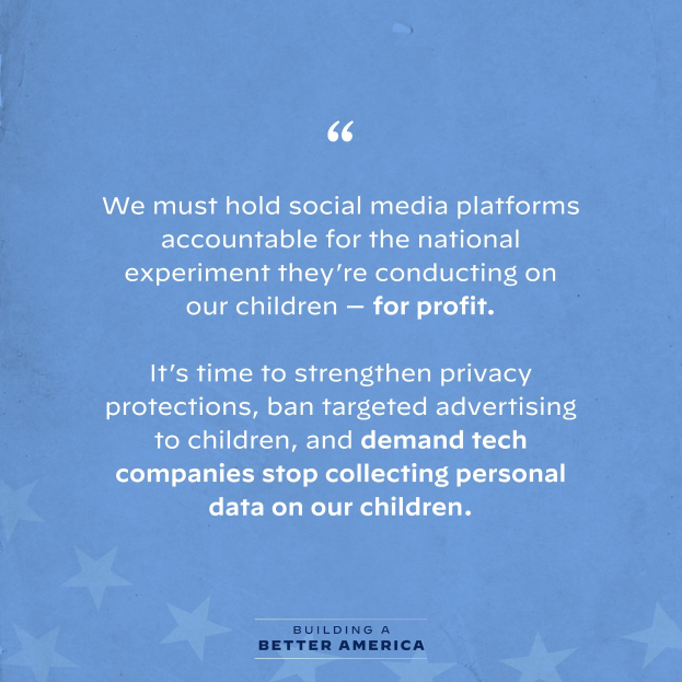 Plakat mit einem Zitat aus "Building a Better America", das besagt: "Wir müssen die sozialen Medien-Plattformen für das nationale Experiment zur Verantwortung ziehen, das sie an unseren Kindern durchführen - zum Profit." Dekoriert mit Sternen.
