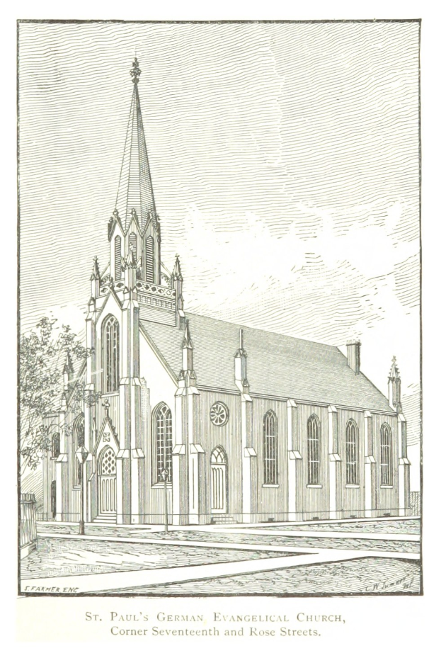 Eine Zeichnung der Deutschen Evangelischen St. Pauluskirche mit einem Baum im Vordergrund und einem klaren blauen Himmel im Hintergrund, mit Text am unteren Rand des Bildes.