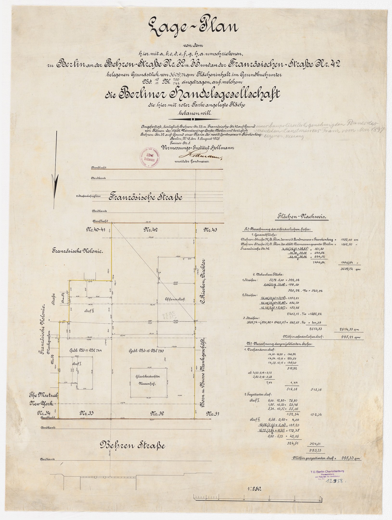 Altes Dokument mit handgezeichneter Grundrissplan der Berliner Handelsgesellschaft, mit Text und einem Stempel auf der linken Seite.