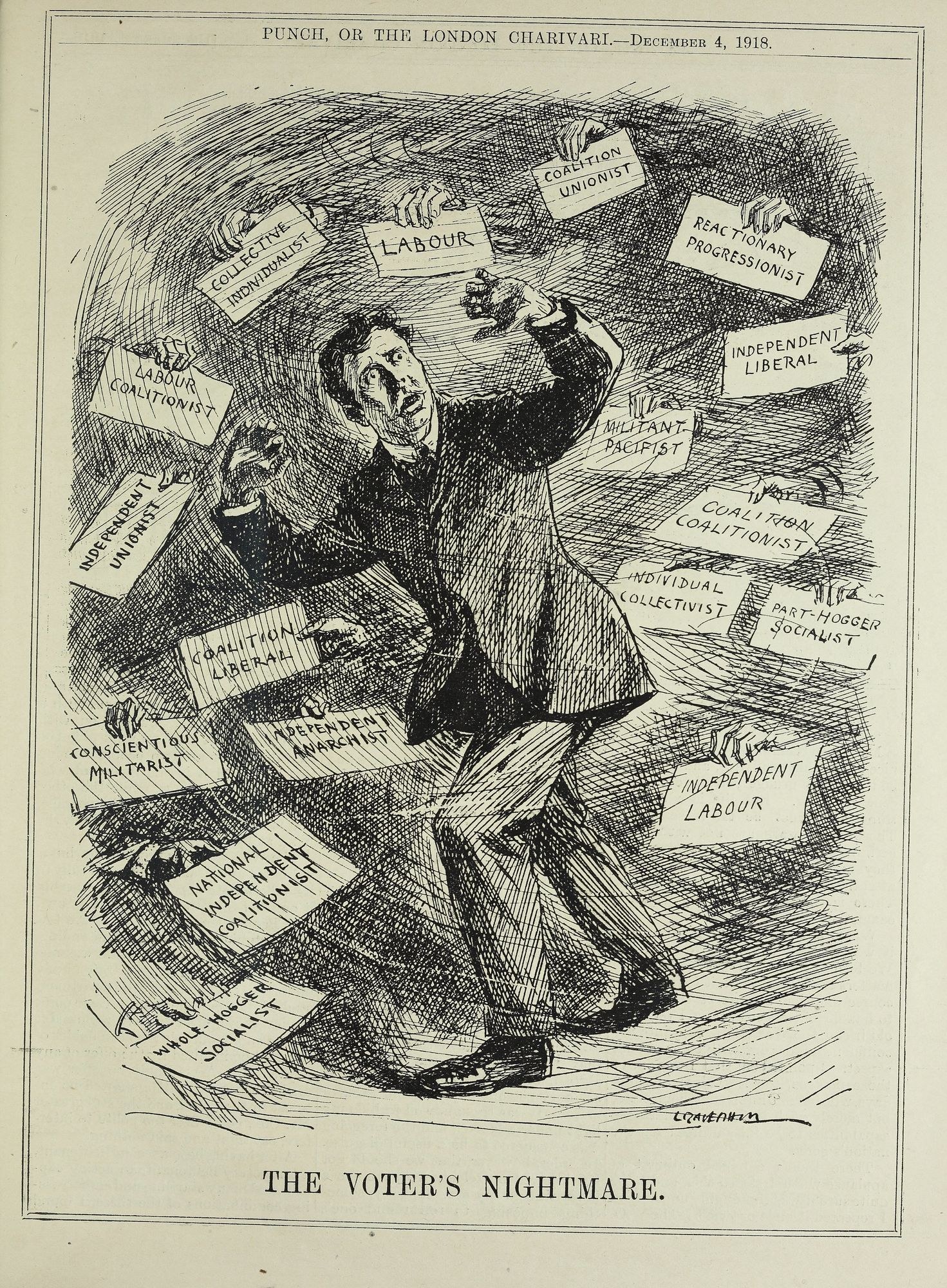 Ein Blatt Papier mit einer Zeichnung eines Mannes in Anzug und Krawatte, der ein Schild mit der Aufschrift "Der Albtraum des Wählers" in fetter Schrift hält, sein entschlossener Gesichtsausdruck und seine selbstbewusste Haltung betont.