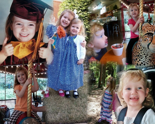 Ein Collage-Bild mit Vergnügungspark-Fahrgeschäften, einem Tisch mit Lebensmitteln, Besteck und verschiedenen Gegenständen vor einer Kulisse aus Grünpflanzen, Lichtern und einer Wand.