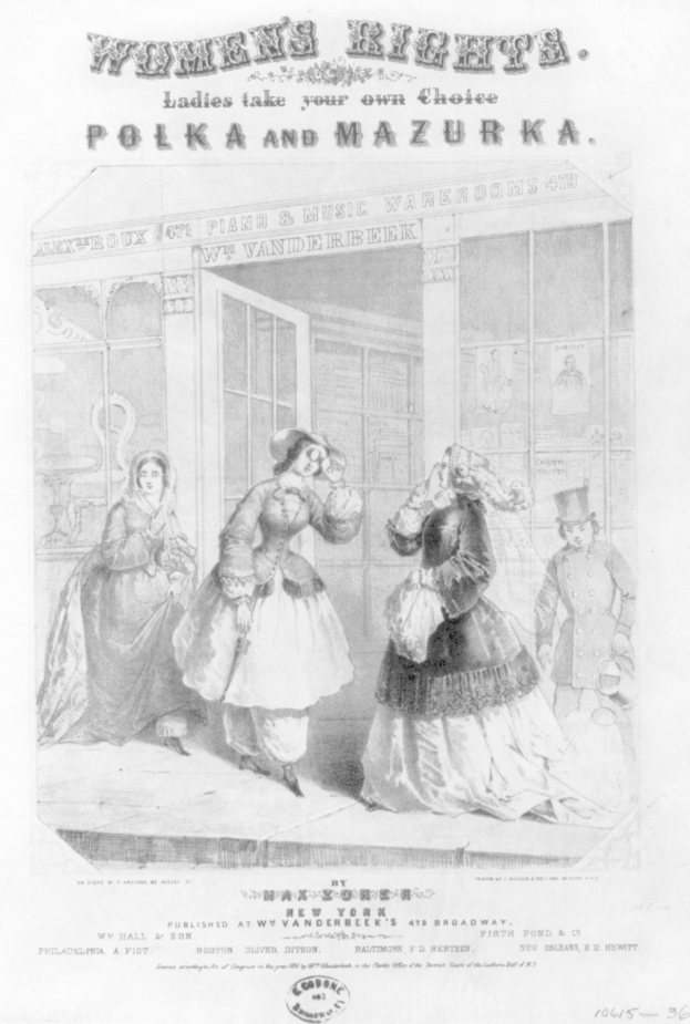 Schwarz-weiß-Illustration von drei Frauen vor einem Gebäude, mit der Aufschrift "Frauenrechte: Ladies Take Your Own Choice, Polka und Mazurka" oben und unten.