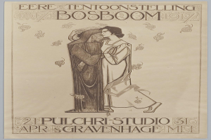 Ein Konzertplakat mit einem Mann im Anzug und einer Frau in einer Schürze, die nebeneinander stehen und beide ernst schauen.