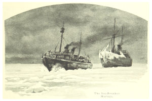 Zwei Boote sind im Wasser mit einem Himmel im Hintergrund; Text unten lautet "Der Eisbrecher Murtaja".