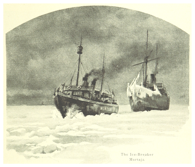 Zwei Boote sind im Wasser mit einem Himmel im Hintergrund; Text unten lautet "Der Eisbrecher Murtaja".
