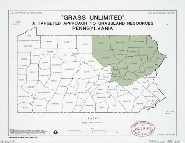 Plakat mit der Aufschrift "Grass Unlimited: Ein gezielter Ansatz für Graslandressourcen" mit einer Pennsylvania-Karte in Grünschattierungen und fetter schwarzer Schrift.