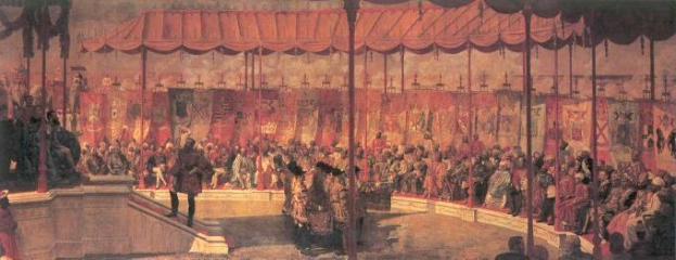 Gemälde zeigt ein Opernpublikum in einem Theater mit Vorhang und Stangen im Hintergrund.