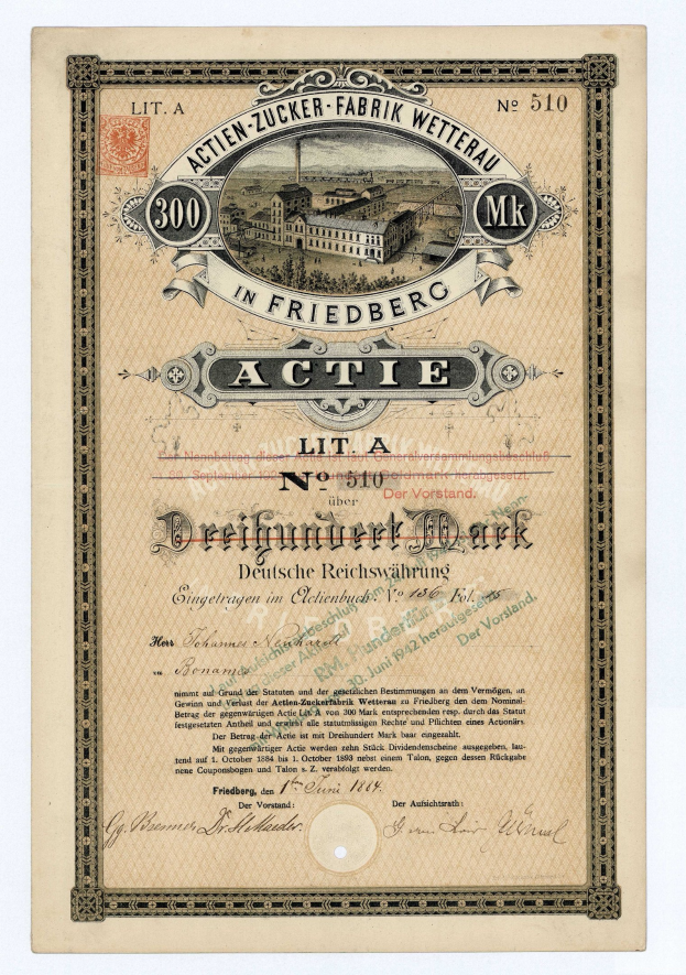 Alter deutscher Aktienchein mit einer Gebäudeillustration und Text, der wahrscheinlich eine aktive Aktie anzeigt.