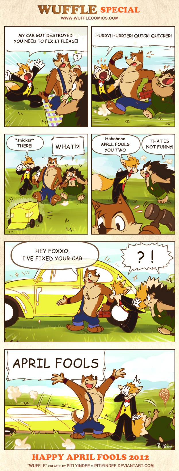 Comicstrip-Plakat mit der Überschrift "Aprilscherz", das einen Cartoon-Mann und -Frau in einer Unterhaltung zeigt, vor einem hellblauen Himmel mit weißen Wolken.