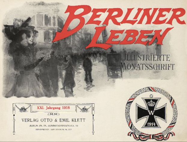 Ein altes Buchcover mit einer Gruppe von Menschen in festlicher Stimmung, mit dem Text "Berliner Leben" und einem Logo, das mit der deutschen Armee in Verbindung steht.