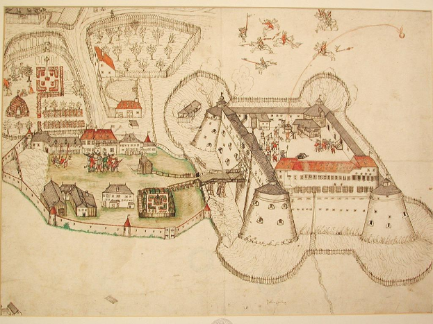 Eine stilisierte Karte von Auschwitz-Birkenau, Polen, mit einem zentralen Schloss umgeben von Gebäuden, Bäumen und Menschen, die es betrachten, und dem Text "Auschwitz-Birkenau, Polen" unten.