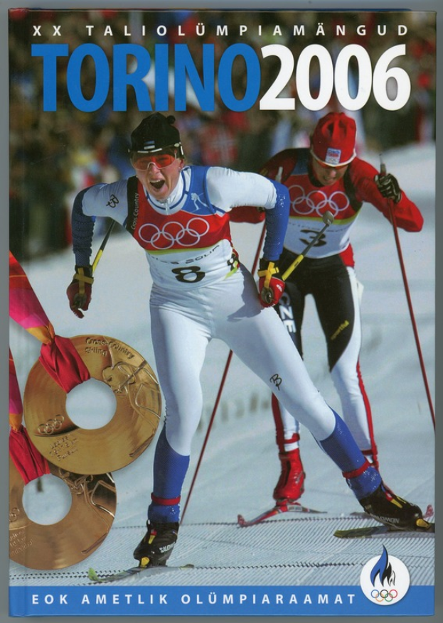 Ein Plakat der Olympischen Spiele 2006 in Turin, Italien, mit zwei Skifahrern auf Schnee und der Aufschrift "Turin 2006".
