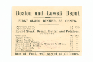 Ein Papier mit dem Text "Boston und Lowell Depot First Class Dinner, 35 Cents" darauf geschrieben.