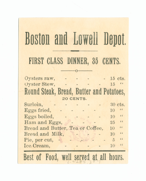 Ein Papier mit dem Text "Boston und Lowell Depot First Class Dinner, 35 Cents" darauf geschrieben.