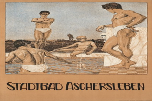 Plakat für ein Schwimmbad in Aschersleben, Deutschland, das Menschen im Wasser zeigt, darunter einen sitzenden, und Text mit Pool-Informationen.