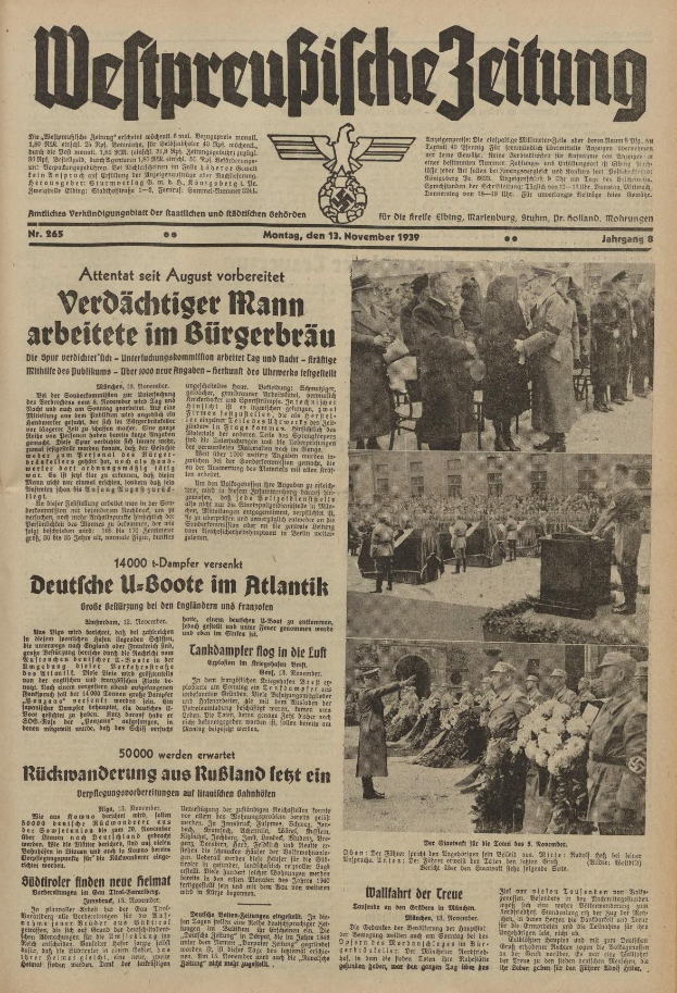 Schwarze und weiße Titelseite einer deutschen Zeitung vom 13. November 1939 mit der Überschrift "Weitpreubliche Zeitung" und einem Foto von Menschen in traditioneller deutscher Tracht beim Feiern.