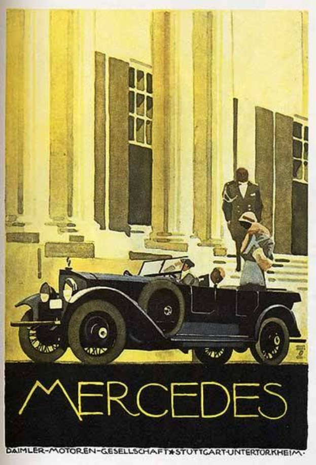 Vintage-Plakat aus den 1920er-Jahren von Mercedes-Benz, das ein klassisches Auto zeigt, das vor einem modernen Glasgebäude geparkt ist, mit zwei Personen im Auto und fetter schwarzer Schrift, die unten 'Mercedes-Benz' liest.