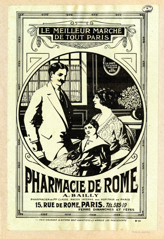 Schwarz-weiß-Werbung für eine Apotheke in Rom mit einem Mann und einer Frau, die nebeneinander stehen, und Text, der die Dienstleistungen beschreibt.