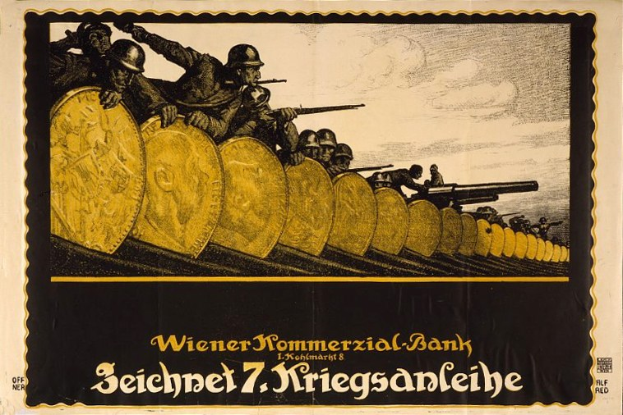 Deutsches Propagandaplakat aus dem Zweiten Weltkrieg, das Soldaten in Helmen mit Waffen zeigt, mit 'Wiener Kommmerzial Bank'-Text unten.