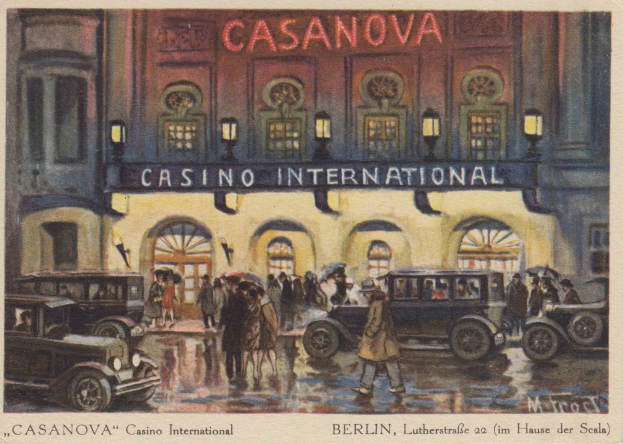 Gemälde des Casanova Casino International in Berlin, Deutschland, das ein Gebäude mit Fenstern, Lichtern und einer Namensschilder zeigt, zusammen mit Menschen und Fahrzeugen auf der Straße und Text unten.