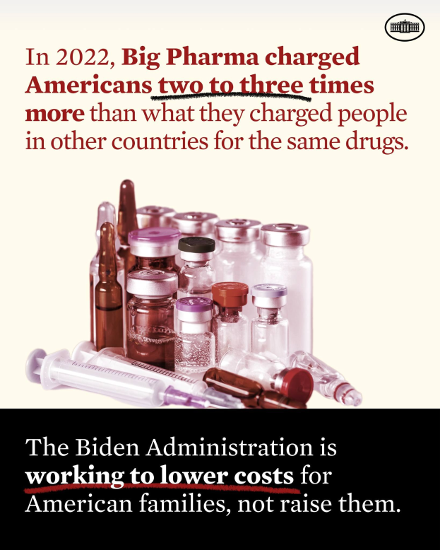 Plakat, das zeigt, dass Big Pharma Amerikaner im Jahr 2022 zwei bis drei Mal mehr für dieselben Medikamente berechnet hat als andere Länder, mit Bildern von Medikamentenflaschen und einer Spritze.