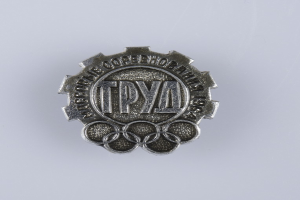 Ein silbernes Abzeichen mit der Aufschrift "Olympische Spiele", vor einem weißen Hintergrund.