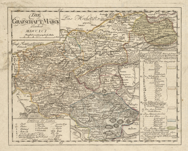 Ein detailliertes altes Stadtplan von München, Deutschland, mit Straßen, Parks und Sehenswürdigkeiten, mit blauen, grünen und gelben Farbtönen und einem dekorativen Rand.