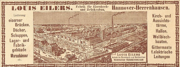 Schwarze und weiße Werbung für die Louis Eilers Hannover-Herrenhausen-Fabrik, die das Fabrikgebäude zeigt.