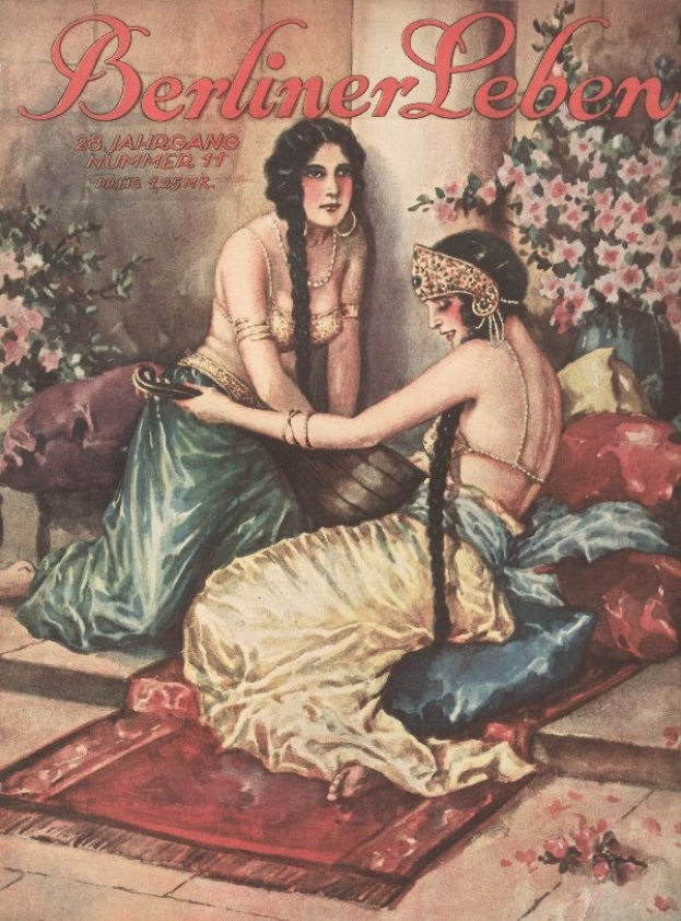 Plakat mit zwei Frauen auf einem Bett mit Kissen und Topfpflanzen, begleitet von der Aufschrift "Berliner Leben Magazin-Cover aus Oktober 1931" oben.