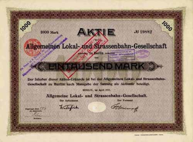 Altes deutsches Aktienzertifikat ausgestellt von der deutschen Regierung, mit gedrucktem Text und numerischen Details.