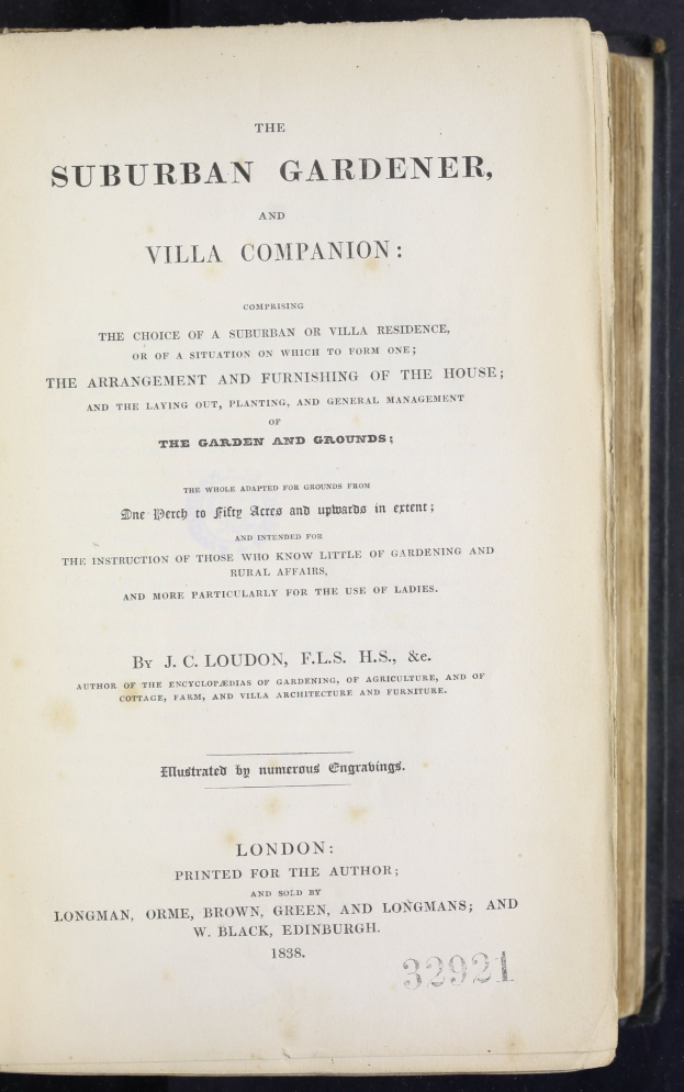 Offenes Buch mit dem Titel "Der Stadtgärtner und Villenbegleiter" auf dem Cover, wahrscheinlich ein historischer Führer für Stadtgärten und Villen.
