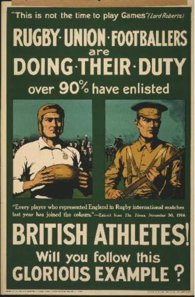 Plakat mit zwei Rugbyspielern in militärischer Kleidung mit Text über britische Athleten, die sich verpflichten und ihre Pflichten erfüllen.