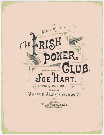 Plakat mit der Aufschrift "The Irish Poker Club" in fetter schwarzer Schrift auf einem weißen Hintergrund, eingerahmt von einem schmalen schwarzen Rand, mit einer bunten Kleeblatt-Illustration.