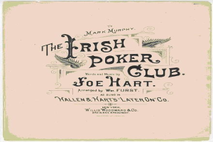 Plakat mit der Aufschrift "The Irish Poker Club" in fetter schwarzer Schrift auf einem weißen Hintergrund, eingerahmt von einem schmalen schwarzen Rand, mit einer bunten Kleeblatt-Illustration.