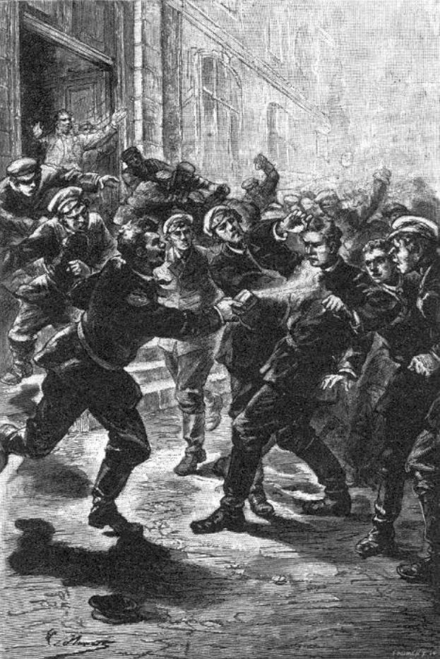 Schwarze und weiße Illustration einer gewalttätigen Straßenkampfszene unter einer Gruppe von Männern, mit einem Gebäude im Hintergrund und der Beschriftung "Victorian riots in London, England" unten.