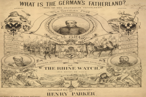 Eine Zeitung mit Bildern von Menschen und dem Text "Was ist das Vaterland der Deutschen? Die Rheingarde von Henry Parker."