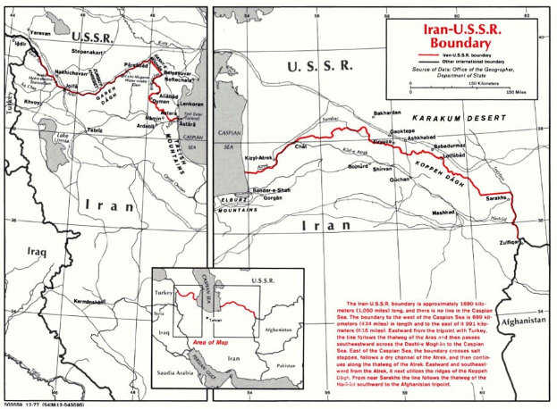 Detailierte Karte der iranisch-sowjetischen Grenze mit geografischen Merkmalen und Grenzinformationen auf einem Poster.