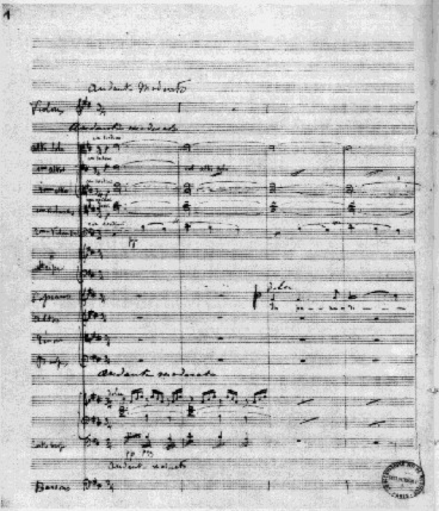 Schwarzes und weißes Notenblatt betitelt "Johann Sebastian Bach - Symphony No. 4 in G Major, Op. 63" mit einem Stempel in der rechten unteren Ecke.