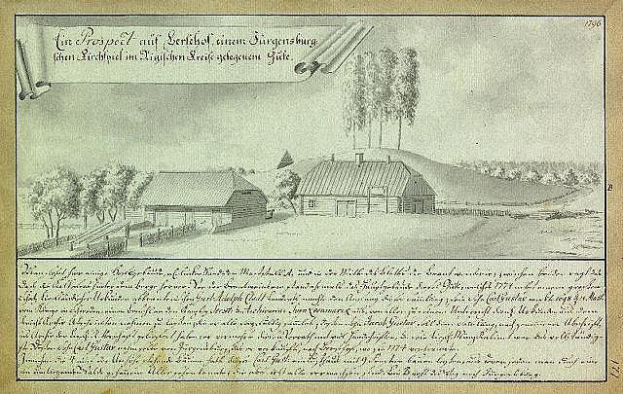 Schwarz-weiß-Illustration einer Farm in Surgensburg, Deutschland, mit umliegenden Häusern, Bäumen und Himmel, auf altem Papier beschriftet.