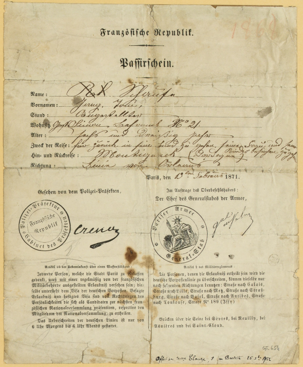 Altes deutsches Regierungsdokument mit einem schwarzen Randstempel auf vergilbtem Papier, das schwarze Schrift enthält.
