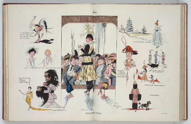 Ein aufgeschlagenes Buch mit einer Zeichnung einer vielfältigen Gruppe von Menschen, die auf einer flachen Oberfläche liegt und Bilder und Text über Mode enthält.