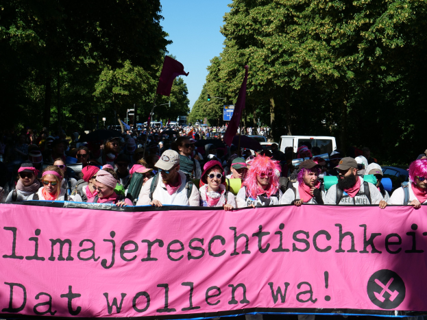 Eine Gruppe von Menschen marschiert die Straße entlang und hölt eine pinkfarbene "Women's March in Berlin"-Fahne, einige tragen Mötzen und Schutzbrillen, andere halten Fahnen, mit Bäumen, Fahrzeugen und Himmel im Hintergrund.