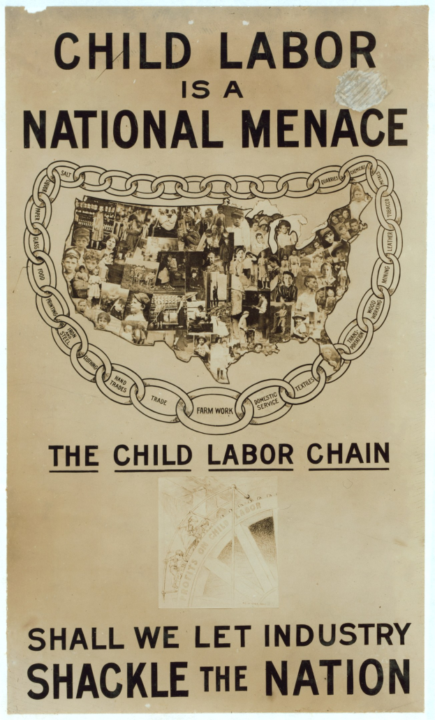 Plakat mit der Aufschrift "Kindera(r)beit ist eine nationale Bedrohung - Sollen wir der Industrie gestatten, das Land zu fesseln" in fetter schwarzer Schrift auf einem weißen Hintergrund, das eine vielseitige Gruppe von Menschen zeigt, die gemeinsam stehen.