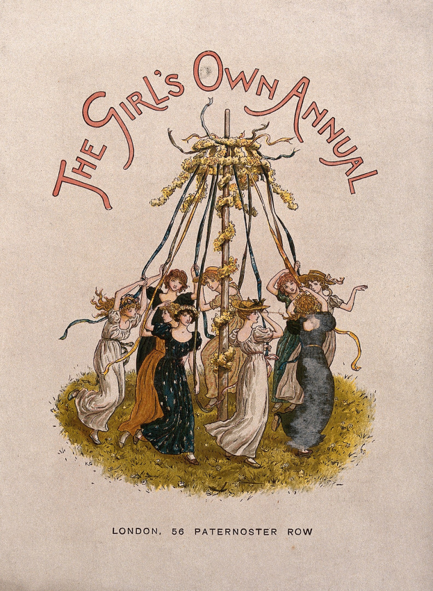 Schwarz-weiß-Illustration einer Gruppe von Menschen in bunten Kleidern, die um einen geschmückten Maibaum tanzen, mit der Aufschrift "The Girl's Own Annual" darüber.