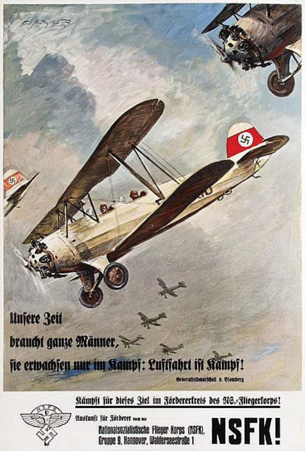 Ein deutsches Propagandaplakat aus dem Zweiten Weltkrieg, das eine Gruppe von Kampfflugzeugen in der Luft zeigt, mit Texten über die Flugzeuge und ihre Fähigkeiten.